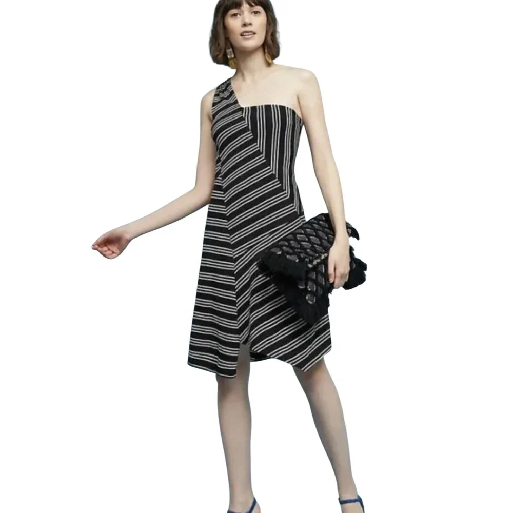 Anthropologie Maeve One Shoulder Striped Knit Dress Black White‎ Size Large